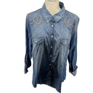 Christopher & Banks XL Western Blue Beaded Detail Shirt Roll Tab Sleeve
